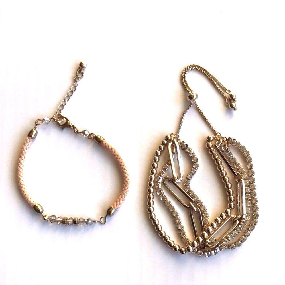 2 Bracelets - Boho Gold Tone Layered Rhinestone Tennis Chain Bracelets